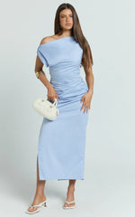 Kane Midi Dress - Tipped Shoulder Cotton Draped Dress in Cornflower Blue