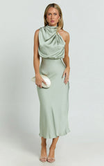Minnie Midi Dress - Drape Neck Satin Slip Dress in Sage