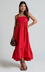 Aveiro Midi Dress - Straight Neck Shoulder Tie High Low Ruffle Hem in Red