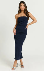 Calanthe Midi Dress - Strapless Tuck Detail Dress in Navy