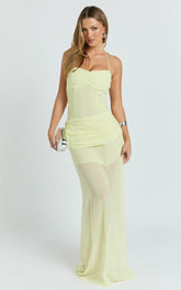 Hudgens Maxi Dress - Georgette Halter Draped Skirt Dress in Lemon