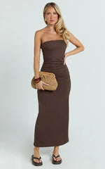 Natasha Midi Dress - Strapless Ruched Column Dress in Chocolate