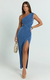 Cristle Midi Dress - One Shoulder Side Cut Out Thigh Split Dress in Steel Blue