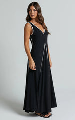 Cathleen Midi Dress - Ribbed Sleeveless Low Back Dress in Black