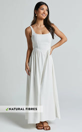 Rhaziya Midi Dress - Sleeveless Straight Neck Fit and Flare Dress in White