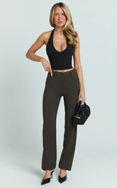 Lorena Pants - Low Rise Slim Straight Leg Pants in Dark Brown