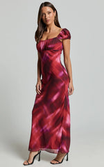 Avril Midi Dress - Recycled Puff Sleeve Empire Slip Dress in Tequila Sunset Print