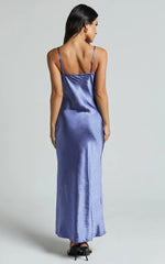 Ofeliya Midi Dress - Lace Trim Satin Slip Dress in Cornflower Blue