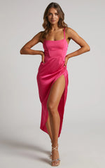 Cirilla Midi Dress - Thigh Split Corset Panelled Dress in Pink