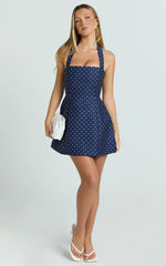 Dante Mini Dress - Halter Neck Tie Tulip Skirt Dress in Navy Polka Dot