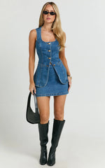 Raquel Top - Denim Scoop Neck Button Down Vest in Dark Blue Wash