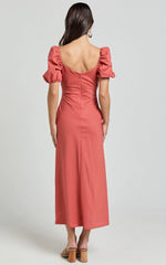 Fabia Midi Dress - Sweetheart Keyhole Linen Blend Dress in Clay