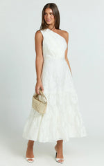 Nadette Midi Dress - One Shoulder Pleated Tiered Dress in White