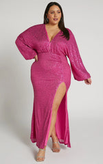 Arlington Midi Dress - Sequin Long Sleeve Dress in Hot Pink
