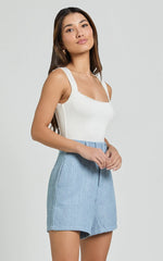 Delilah Shorts - High Waist Belted A Line Tweed Shorts in Blue