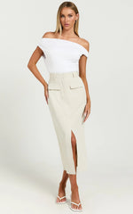 Brylee Midi Skirt - High Waisted Front Split Skirt in Stone