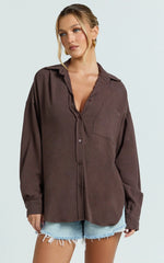 Leanne Top - Button Down Linen Blend Long Sleeve Shirt in Chocolate