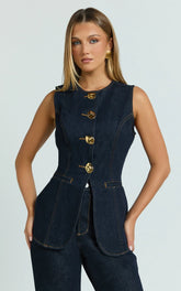 Rhianna Top - Button Down Longline Recycled Denim Vest Top in Raw Denim