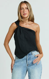 Bobbi Top - Linen Look Knot Detail One Shoulder Top in Black