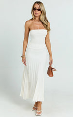 Paris Midi Dress - Strapless Drop Waist Pleated Knit Dress in White