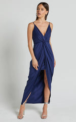 Dominique Midi Dress - V Neck Twist Front Jersey Dress in Navy