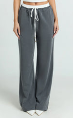 Maliha Pants - Mid Rise Contrast Elasticated Drawstring Wide Leg Tailored Pants in Charcoal