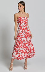 Nylia Midi Dress - Strappy Fit and Flare Dress in Red Floral