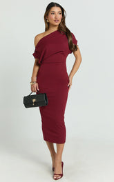 Nalfie Midi Dress - Tipped Shoulder Jersey Drape Dress in Wine