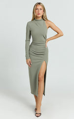 Olsen Midi Dress - Asymmetric One Sleeve Draped Leg Split Dress in Khaki