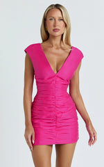 Janine Mini Dress - Gathered V Neck Dress in Pink
