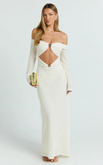 Romy Maxi Dress - Off Shoulder Long Sleeve Cut Out Gold Trim Fitted Dress in Ivory