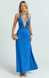 Denise Maxi Dress - Halter U Ruched Neck Cut Out Jersey Dress in Blue