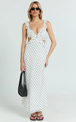 Dahlia Midi Dress - Ruffle Details Slip Dress in White Based Polkadot