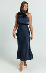 Minnie Midi Dress - Drape Neck Satin Slip Dress in Midnight Blue