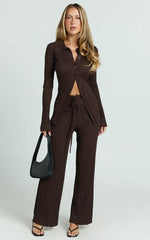 Kelsey Pants - High Drawstring Waist Knit Pants in Chocolate