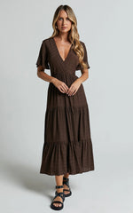 Cryzel Midi Dress - Flutter Sleeve Tiered Dress in Chocolate
