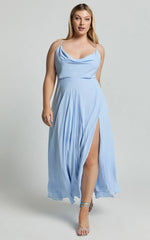 Celestine Midi Dress - Lace Up Back Cowl Neck Dress in Pale Blue