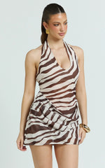 Hattie Mini Dress - Scoop Halter Neck Drape Front Dress in Chocolate