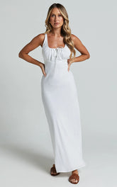 Lucas Midi Dress - Ruched Bust Linen Dress in White