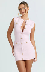 Branson Mini Dress - Sleeveless Button Down Knitted Dress in Plain Pink