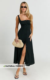 Cameron Midi Dress - Button Front Tie Back Dress in Black