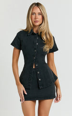 Paige Top - Button Down Short Sleeve Denim Top in Washed Black