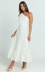 Nadette Midi Dress - One Shoulder Pleated Tiered Dress in White