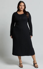 Blaire Midi Dress - Long Sleeve Tie Back Flare Dress in Black