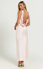 Brienne Midi Dress - Plunge Cowl Back Satin Dress in Soft Pink