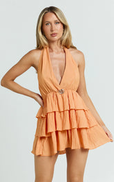 Heidi Mini Dress - Deep V Plunge Halter Neck Peplum Brooch Detail Fit And Flare Dress in Orange