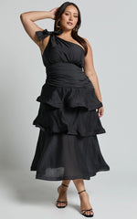 Eugenia Midi Dress - One Shoulder Fit and Flare Layered Dress in Black