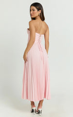 Loretta Midi Dress - Lace Up Back Bustier Pleated Dress in Soft Pink