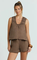 Ruby Two Piece Sets - Cotton Shell Top and Short Set in Chocolate