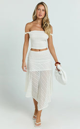 Hayden Midi Skirt - Low Waisted Asymmetrical Lace Midi Skirt in White